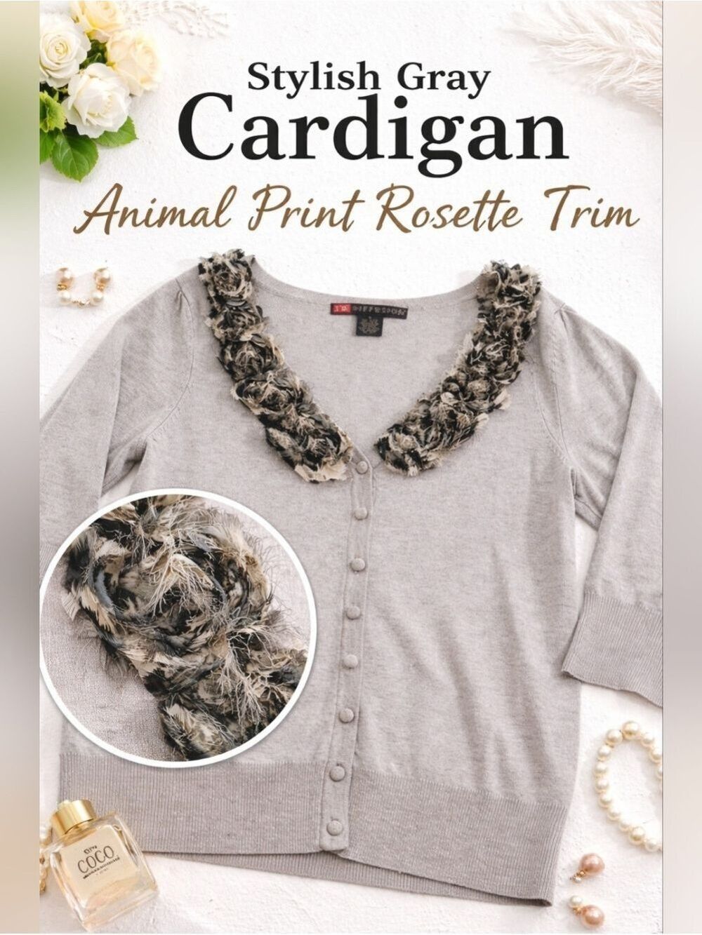 I.B. Diffusion Gray Cardigan Rosette Animal Print Trim Button Front Small